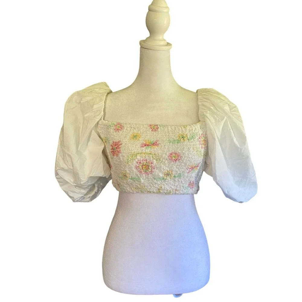 Zara Milkmaid Floral Smocked‎ Puff Sleeve White Crop Top Medium Romantic Cottage